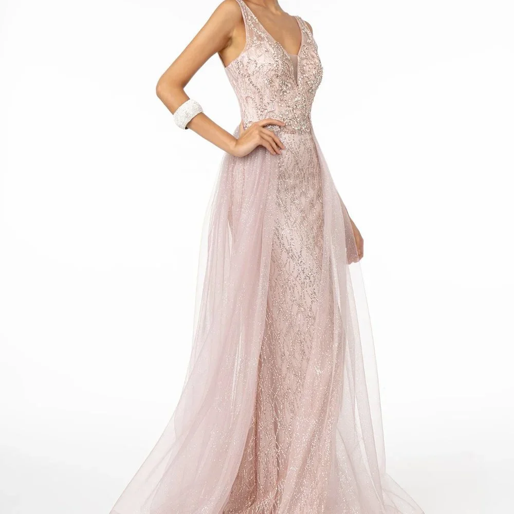Rose Gold Prom Party Evening Jeweled Bodice Glitter Mesh Long Maxi Dress G1840